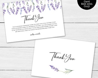 Lavender Thank You Cards, Thank You Card, Purple Floral Thank You Cards, Floral Thank You Cards, Printable, Corjl Template, Instant Download