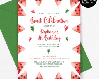 Digital Birthday Invitation, Watermelon Invitation, Watermelon Birthday Invitation, Printable Birthday Invitations, Corjl Invite Template