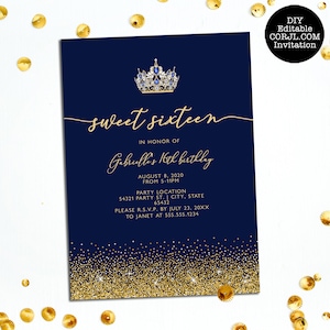 Convite Sweet Sixteen dourado e marinho, convite Sweet Sixteen para impressão, convites Glitter Sweet 16, modelo Corjl, download instantâneo
