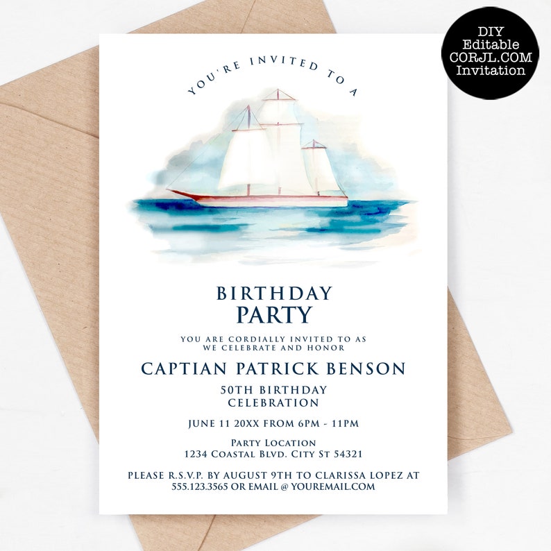 K&ouml;nnte beinhalten: Eine blaue und wei&szlig;e Aquarell-Illustration eines Segelboots auf dem Meer. Die Einladung ist zu einer 50. Geburtstagsfeier f&uuml;r Kapit&auml;n Patrick Benson. Die Party findet am 11. Juni von 18:00 bis 23:00 Uhr in der 1234 Coastal Blvd., City St 54321 statt. Bitte melden Sie sich bis zum 9. August bei Clarissa Lopez unter 555.123.3565 oder per E-Mail an youremail.com.