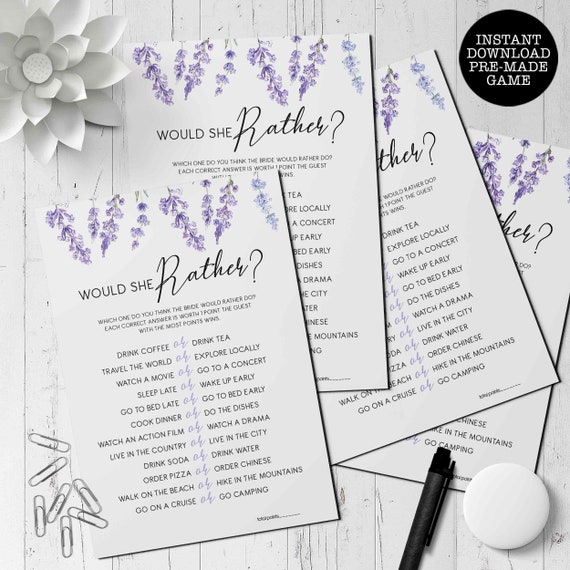 Lavender Bridal Shower Game, Would She Rather, Floral Bridal Games, Instant Download, Shower Game, Printable Game, Instant Download, Games Il_570xn