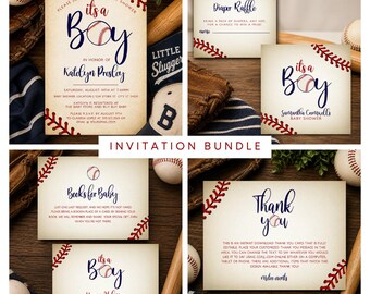 Vintage Baseball Baby Shower Invitation Bundle, Baseball Baby Shower Games, Editable Boy Baby Shower Invite Kit, Sports Baby Shower Decor