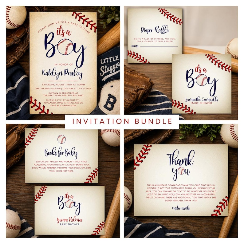 Vintage Baseball Baby Shower Invitation Bundle, Baseball Baby Shower Games, Editable Boy Baby Shower Invite Kit, Sports Baby Shower Decor image 1