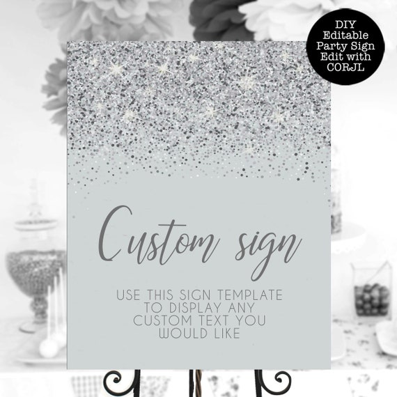 Silver Glitter Custom Sign, Printable Sign, Glitter Party Sign, Custom Glitter Sign, Editable Custom Sign, Instant download, Printable Il_570xn