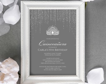 Stunning Silver Quinceanera Invitations, Personalized Quinceañera Invitations, Quinceañera Crown Invitations, Printable Quince Invitations