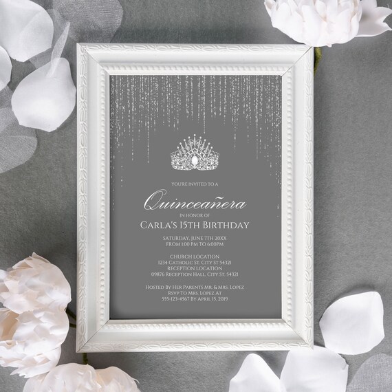 Stunning Silver Quinceanera Invitations, Personalized Quinceañera Invitations, Quinceañera Crown Invitations, Printable Quince Invitations Il_570xn