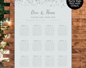 Silver Glitter Custom Seating Chart, Printable Seating Chart Sign, Wedding Seating Chart Poster, Editable Seating Chart, Wedding Seating