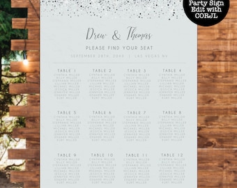 Silver Glitter Custom Seating Chart, Printable Seating Chart Sign, Wedding Seating Chart Poster, Editable Seating Chart, Wedding Seating