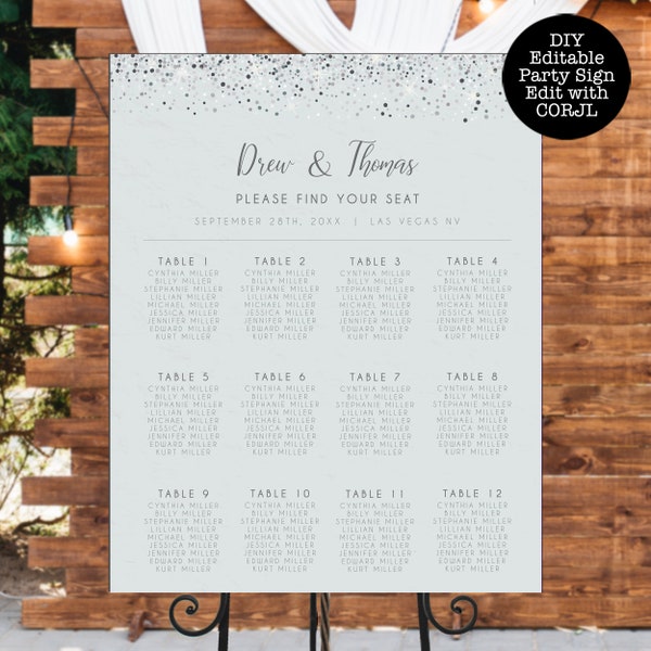 Gráfico de asientos personalizado de brillo plateado, letrero de gráfico de asientos imprimible, cartel de gráfico de asientos de boda, gráfico de asientos editable, asientos de boda