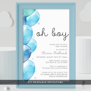 Oh Boy Baby Shower Invitations, Baby Boy Shower Invitation, Blue Balloon Invitation, Printable Invitation, Instant Download, Baby Boy Invite image 1