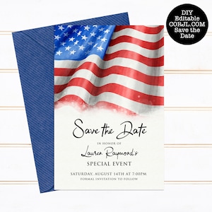 Bearbeitbare Save the Date Karten Patriotische amerikanische Flagge Fourth of Juli Hochzeit Save the Date Karte Corjl Vorlage Memorial Day Veterans day