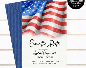 Editable Save the Date Cards Patriotic American Flag Fourth of July Wedding Save the Date Card Corjl Template Memorial Day Veterans day