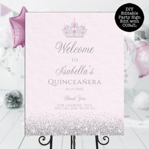 Signo de bienvenida rosa y plateado, signo imprimible, brillo rosa y plateado, signo de bienvenida personalizado, signo de bienvenida editable, descarga instantánea, Corjl
