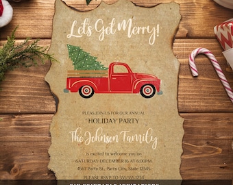 Old Red Truck Christmas Party Invitations, Holiday Party Invitations, Rustic Christmas Party Invitations, Printable Invitations