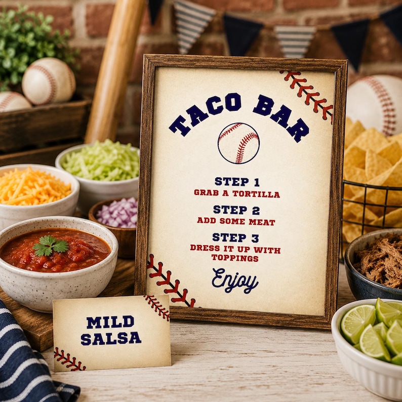 Puede incluir: Un letrero enmarcado con tem&aacute;tica de b&eacute;isbol que dice TACO BAR, STEP 1 GRAB A TORTILLA, STEP 2 ADD SOME MEAT, STEP 3 DRESS IT UP WITH TOPPINGS y Enjoy. Una peque&ntilde;a tarjeta a juego dice MILD SALSA. El dise&ntilde;o presenta costuras de b&eacute;isbol rojas.