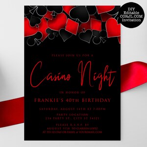 This fun and elegant adult party invitation are designed with a black background with hearts, spades, diamonds, and clubs upper frame. Designed By MetroEvents