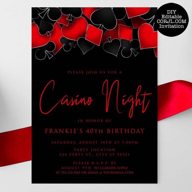 This fun and elegant adult party invitation are designed with a black background with hearts, spades, diamonds, and clubs upper frame. Designed By MetroEvents