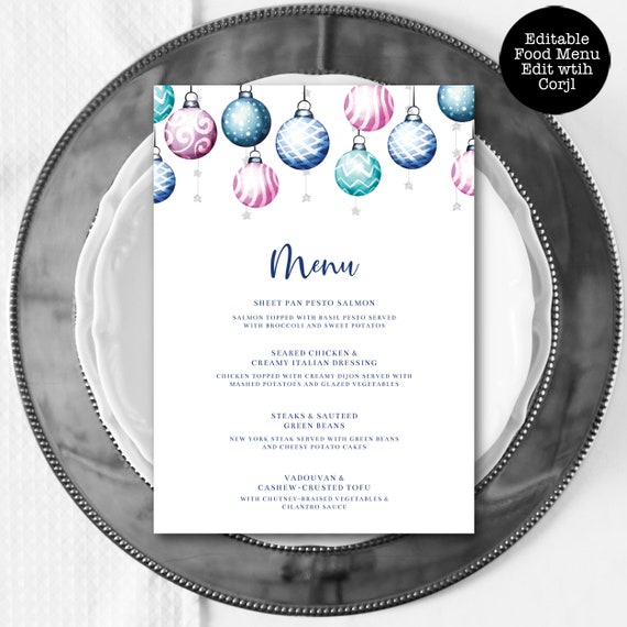 Ornament Christmas Menu, Dinner Menu, Holiday Food Menu, Food Menu, Editable Dinner Menu, Instant Download, Printable Menu, Corjl Template Il_570xn