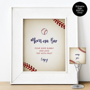 Vintage Baseball Baby Shower Mimosa SIgns and Labels. Created with a vintage texture background accented with baseball laces. Designed by MetroEvents.