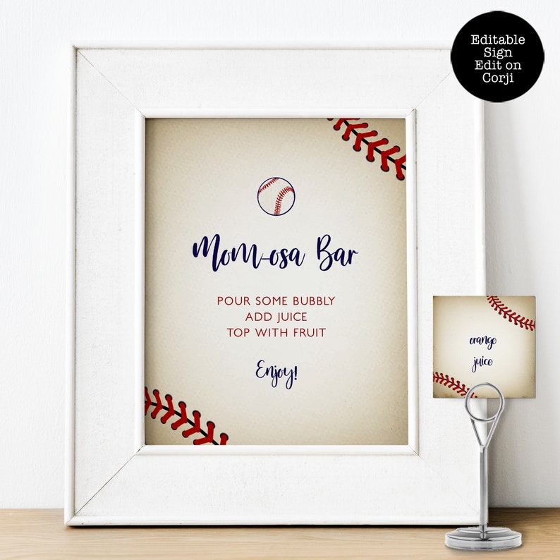 Vintage Baseball Baby Shower Mimosa SIgns and Labels. Created with a vintage texture background accented with baseball laces. Designed by MetroEvents.
