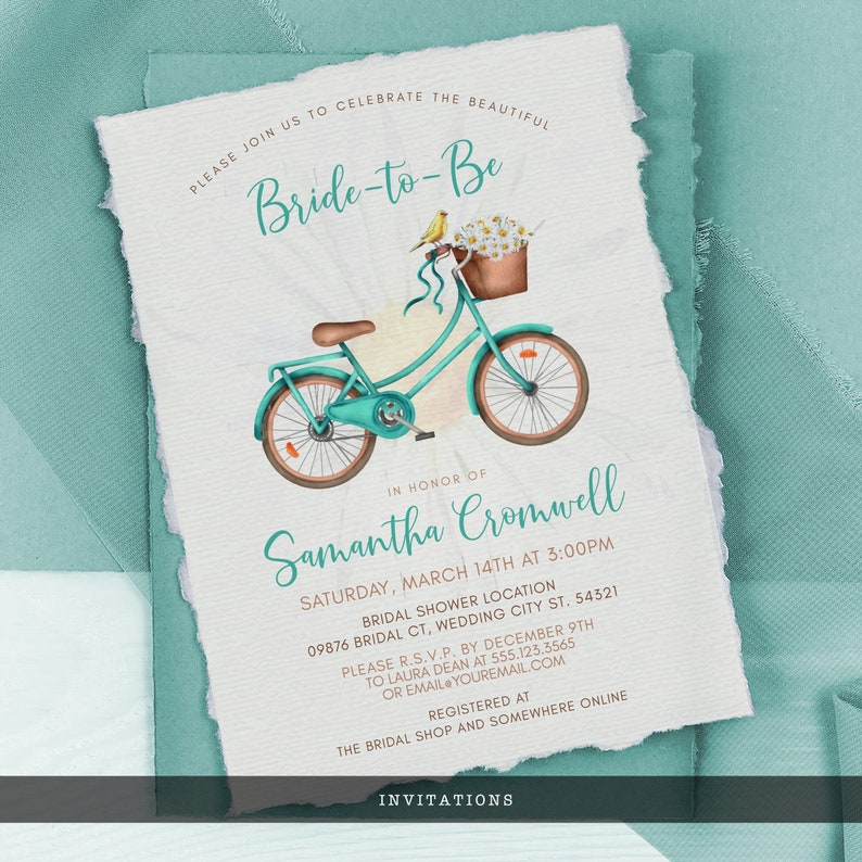 Rustic Bicycle and Daisy-Themed Bridal Shower Invitation. This whimsical design is created with a vintage teal green bicycle with daisy accents and a yellow canary. Designed By MetroEvents.