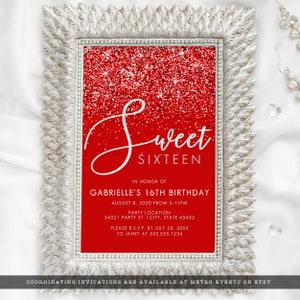 Sweet Sixteen Glam Party Invitation. A sparkling party collection featuring flowing typography on a red glittery background. Created By MetroEvents.