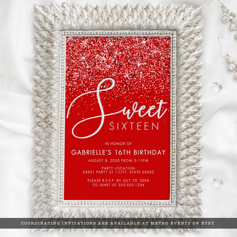 Sweet Sixteen Glam Party Invitation. A sparkling party collection featuring flowing typography on a red glittery background. Created By MetroEvents.