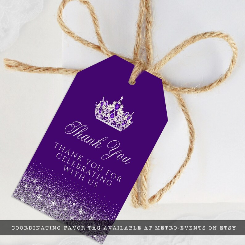 A glam style sweet sixteen and quinceanera favor tag. This glittery design is created with faux silver glitter on a purple background and a princess crown. Designed by MetroEvents.