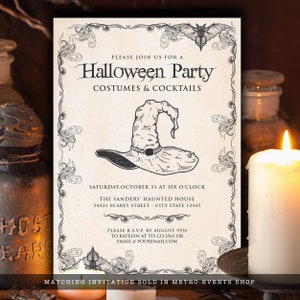 Vintage Witch Halloween Party Invitations. Let's get WICKED! Nothing says Halloween like a witch hat and broomsticks, this party theme features both with a lightly textured background and vintage accents. Designed By MetroEvents