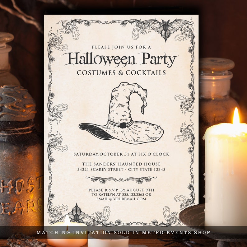 Vintage Witch Halloween Party Invitations. Let's get WICKED! Nothing says Halloween like a witch hat and broomsticks, this party theme features both with a lightly textured background and vintage accents. Designed By MetroEvents