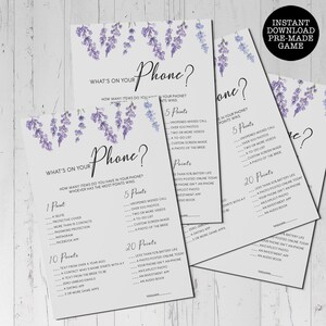 Lavender Bridal Shower Game: What&#39;s On Your Phone (Printable PDF)