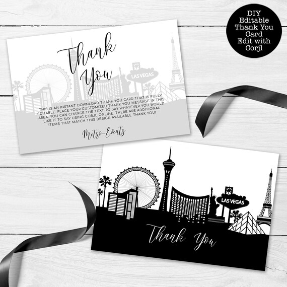 Las Vegas Thank You Cards, Thank You Card, Vegas Thank You Card, Black & White Thank You Card, Corjl Template, Vegas Themed Cards, Printable Il_570xn