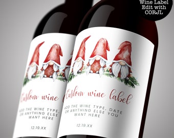 Holiday Wine Labels, Gnome Holiday Wine Labels, Christmas Wine Labels, Corjl Wine Label Template, Elf Wine Labels, Holiday Champagne Labels