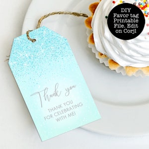Aqua and Silver Glitter Favor Tags, Aqua Glitter Tags, Aqua Glitter Favor Tags, Printable Thank You Tag, Aqua Gift Tag, Corjl Template