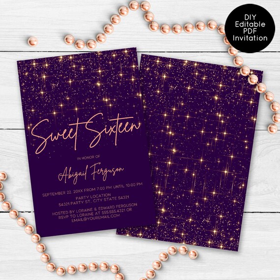Glam Purple and Rose Gold Sweet Sixteen Party Invitation, Sweet 16 Birthday Invitations, Sparkle Sweet Sixteen Invitations Il_570xn