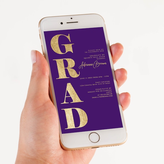 Editable Purple and Gold Graduation Party Invitation Evite Text