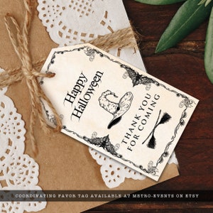 Vintage Witch Halloween Party favor tags. Let's get WICKED! Nothing says Halloween like a witch hat and broomsticks, this party theme features both with a lightly textured background and vintage accents. Designed By MetroEvents