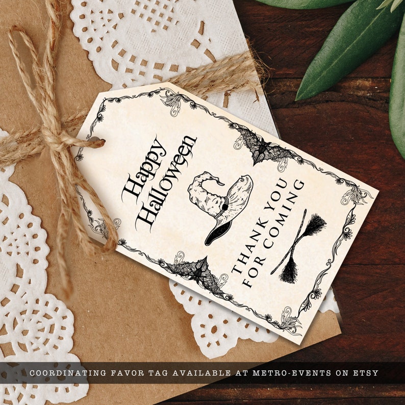 Vintage Witch Halloween Party favor tags. Let's get WICKED! Nothing says Halloween like a witch hat and broomsticks, this party theme features both with a lightly textured background and vintage accents. Designed By MetroEvents