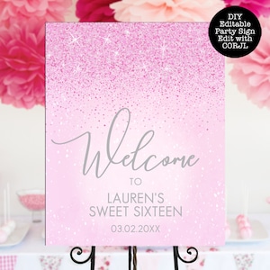 Pink Glitter Welcome Signs, Sweet Sixteen, Printable Party Sign, Instant Download, Sweet Sixteen Sign, Sweet Sixteen sign, Corjl Template