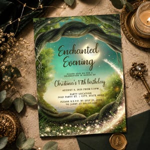 May include: A rectangular invitation card featuring a forest scene with twisted tree branches framing a crescent moon, green foliage, and glowing sparkles. Text reads: Enchanted Evening, Please join us for a celebration in honor of Christina's 17th birthday, August 8, 2020 from 5-11pm, Party Location 54321 Party St. | City, State 65432, Please R.S.V.P. by July 23, 20XX to Janet at 555.555.1234.