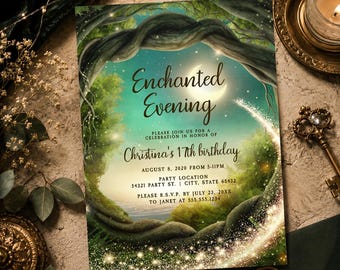 Enchanted Forest Birthday Invitations: Gold Glitter, Magical Theme (Printable Download)