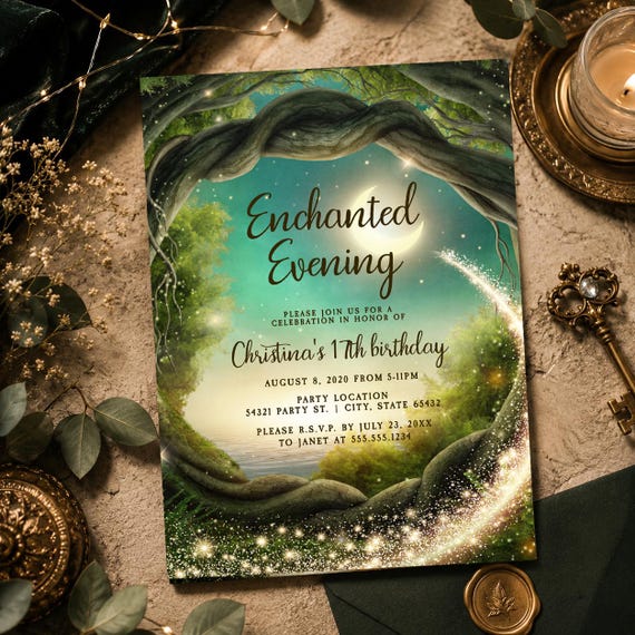 Enchanted Forest Birthday Invitations: Gold Glitter, Magical Theme (Printable Download)