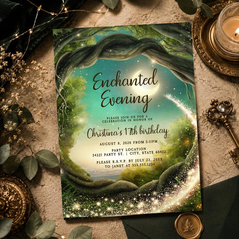 May include: A rectangular invitation card featuring a forest scene with twisted tree branches framing a crescent moon, green foliage, and glowing sparkles. Text reads: Enchanted Evening, Please join us for a celebration in honor of Christina's 17th birthday, August 8, 2020 from 5-11pm, Party Location 54321 Party St. | City, State 65432, Please R.S.V.P. by July 23, 20XX to Janet at 555.555.1234.