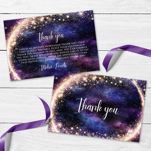 Night under the stars, galaxy-themed thank you card. This design is created with a star-filled purple and blue starry sky background with a half-ring of shooting stars training through it. Designed by MetroEvents.