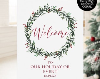 Christmas Wreath Welcome Signs, Corjl Template, Holiday Party Sign, Printable Welcome Sign, Instant Download, Holiday Sign, Christmas Signs