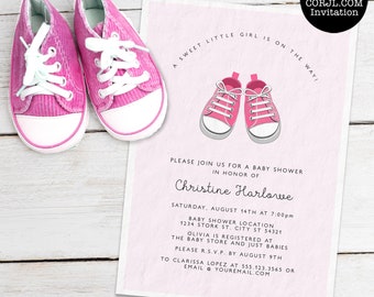 Baby Shower Invitations, Pink Baby Shower Invitations, Pink Baby Shoes, Printable Baby Shower Invitations, Corjl Template, Instant Download