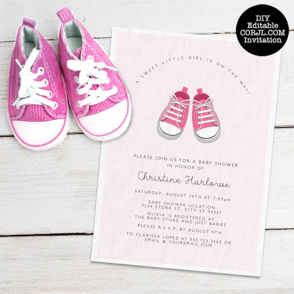 Baby Shower Invitations, Pink Baby Shower Invitations, Pink Baby Shoes, Printable Baby Shower Invitations, Corjl Template, Instant Download