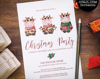 Cow Christmas Invitations, Christmas Invitations, Editable Invitation, Corjl Template, Printable Invitations, Holiday Party Invitations