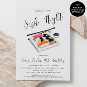 Minimalist Sushi Night Invitations, Sushi Party Invitations, Japanese Invitation, Printable Invitations, Sushi Party Invite, Corjl Template