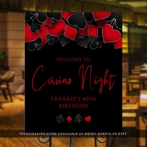 Roll the dice, throw down your royal flush it's casino night! Fun and elegant adult party welcome sign are designed with a black background with hearts, spades, diamonds, and clubs' upper frame. Designed by MetroEvents
